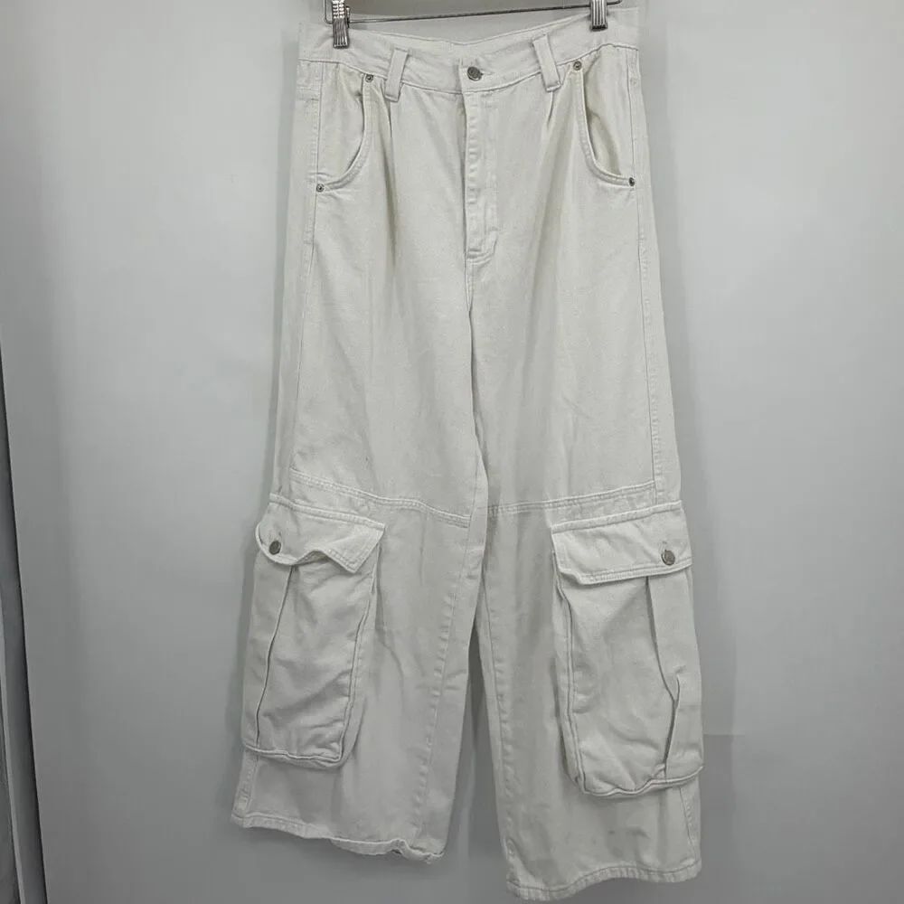 FARM Rio White Cargo Pants Wide Leg Utility Brazil Size 40